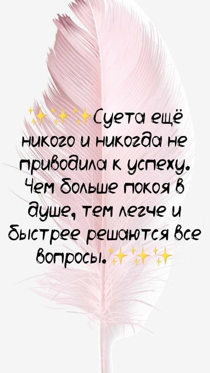 9 г _ Суетод ещё никого и никогда не прибодиш к успеху Чем бОАьше покоя 6 душе тем Аегче и быстрее решаются бсе вопросы