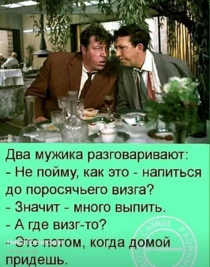 Два мужика разговаривают Не пойму как это напиться до поросячьего визга Значит много выпить А где визг то Эг том когда домой придешь