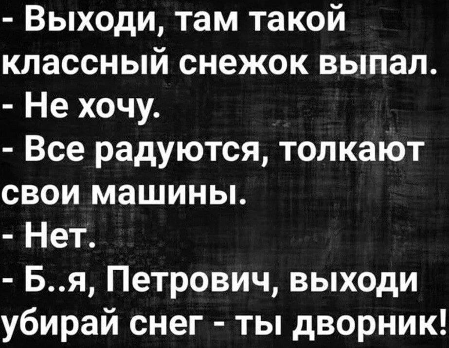 Выходи там такой классный снежок выпал Не хочу Все радуются толкают свои машины Нет Бя Петрович выходи убирай снег ты дворник