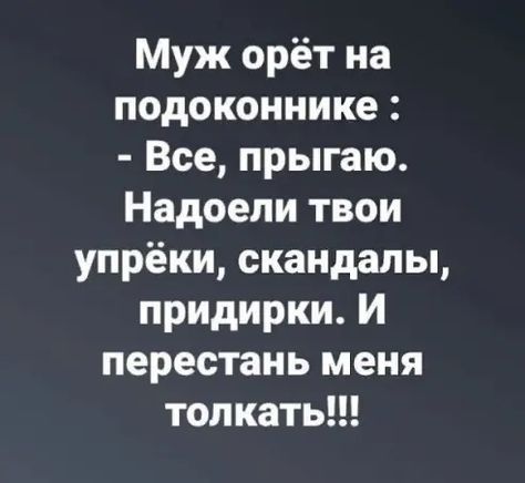 Муж орёт на подоконнике Все прыгаю Надоели твои упрёки скандалы придирки И перестань меня толкать