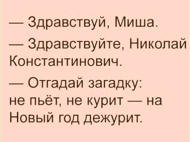 Здравствуй Миша _ Здравствуйте Николай Константинович Отгадай загадку не пьёт не курит на Новый год дежурит