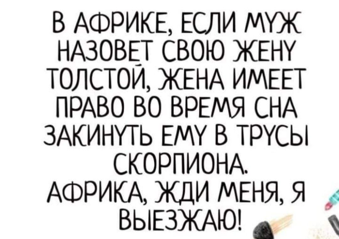 В АФРИКЕ ЕСЛИ МУЖ НАЗОВЕТ СВОЮ ЖЕНУ ТОЛСТОИ ЖЕНА ИМЕЕТ ПРАВО ВО ВРЕМЯ СНА ЗАКИНУТЬ ЕМУ В ТРУСЫ СКОРПИОНА АФРИКА ЖДИ МЕНЯ Я ВЬЕ3ЖАЮ 4