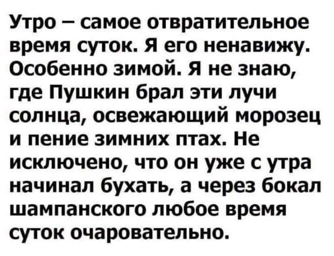 Утро самое отвратительное время суток я его ненавижу Особенно зимой я не знаю где Пушкин брал эти лучи солнца освежающий морозец и пение зимних птах Не исключено что он уже с утра начинал бухать а через бокал шампанского любое время суток очаровательно