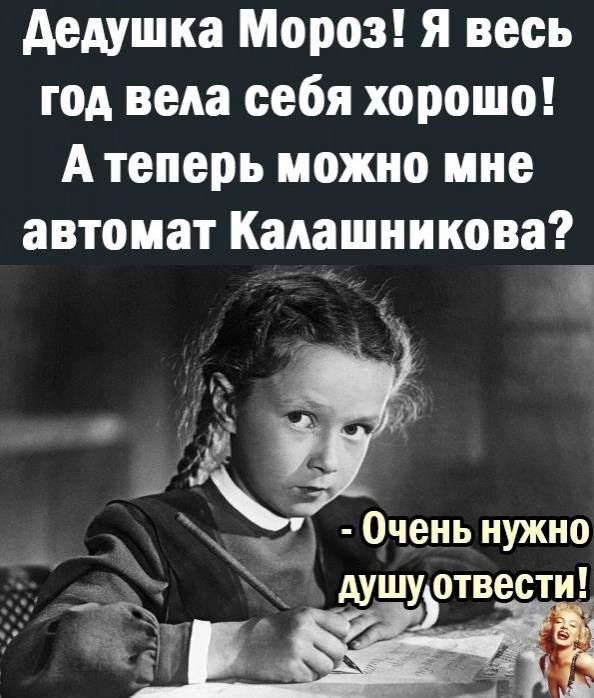 дедушка Мороз я весь год вела себя хорошо А теперь можно мне душу отвести автомат Калашникова і 4 и чц 0ченьнужно