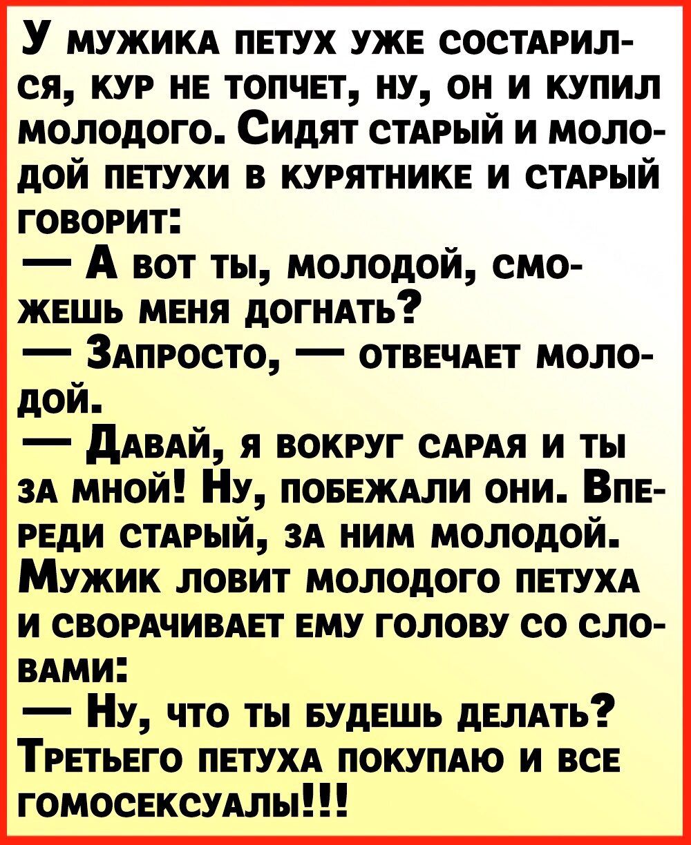 У мужики петух уже состАрил ся кур не топчет ну он и купил молодого Сидят стАрый и моло дой петухи в курятник и стдрый говорит А вот ты молодой смо жешь меня догндть 3АПР0СТ0 отвечяет моло дой дАВАЙ я вокруг САРАЯ и ты зд мной Ну поееждли они Впе реди стдрый зд ним молодой Мужик ловит молодого петухд и свордчивдет ему голову со сло вдми Ну что ты Будешь депдть Третьего петухд покупдю и все гомосек