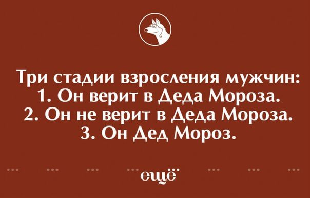 Три стадии взросдения мужчин 1 Он верит в деда Мороза 2 Он не верит в деда Мороза 3 Он Аед Мороз ещё