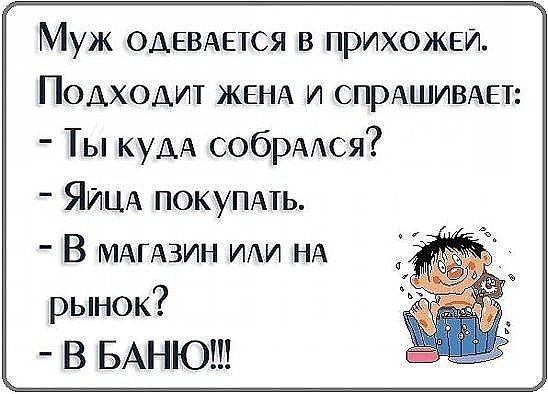 Муж ОДЕВАЕТСЯ в прихожей Подходит жвнд и СПРАШИВАЕТ Ты КУДА собрААся ЯИЦА покуПАть В МАГАЗИН ИАИ НА рынок В БАНЮ