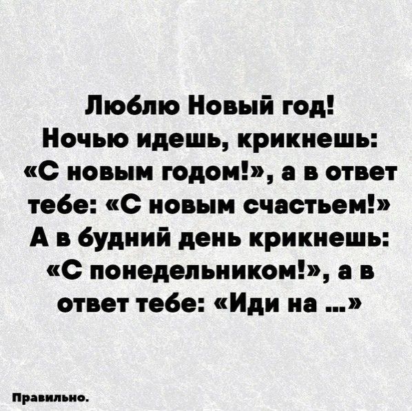 Люблю Новый год Ночью идешь крикнешь с новым годом в в ответ тебе 1С новым счастьем А в будний день крикнешь С понедельник в в ответ тебе Иди не при п