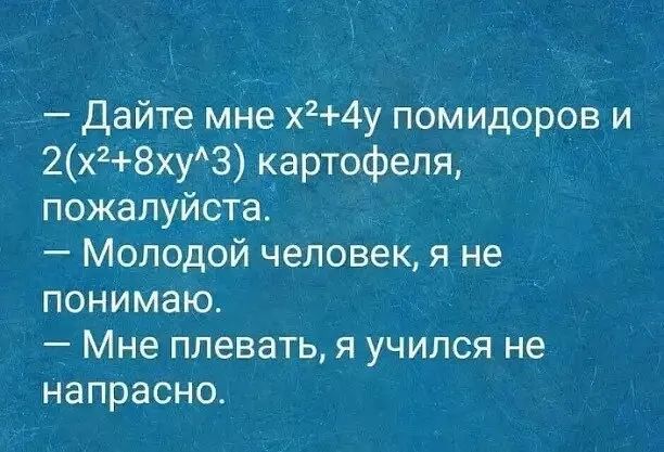 Дайте мне х24у помидоров и 2х28ху3 картофеля пожалуйста Молодой человек я не понимаю Мне плевать я учился не напрасно