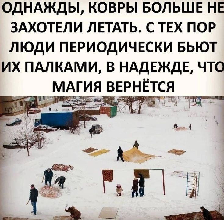 ОДНАЖДЫ КОВРЫ БОЛЬШЕ НЕ ЗАХОТЕЛИ ЛЕТАТЬ С ТЕХ ПОР ЛЮДИ ПЕРИОДИЧЕСКИ БЬЮТ ИХ ПАЛКАМИ В НАДЕЖДЕ ЧТО МАГИЯ ВЕРНЁТСЯ
