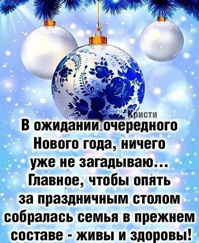 В ожидоііииочередного Нового года ничего уже не загадываю 51 Главное чтобы опить за праздничным стопом собралась семья в прежнем ооотаве живы и здоровы
