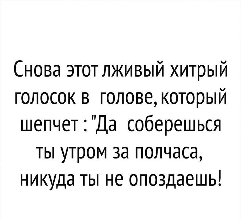 Снова этотлживый хитрый голосок в голове который шепчет Да соберешься ты утром за полчаса никуда ты не опоздаешь