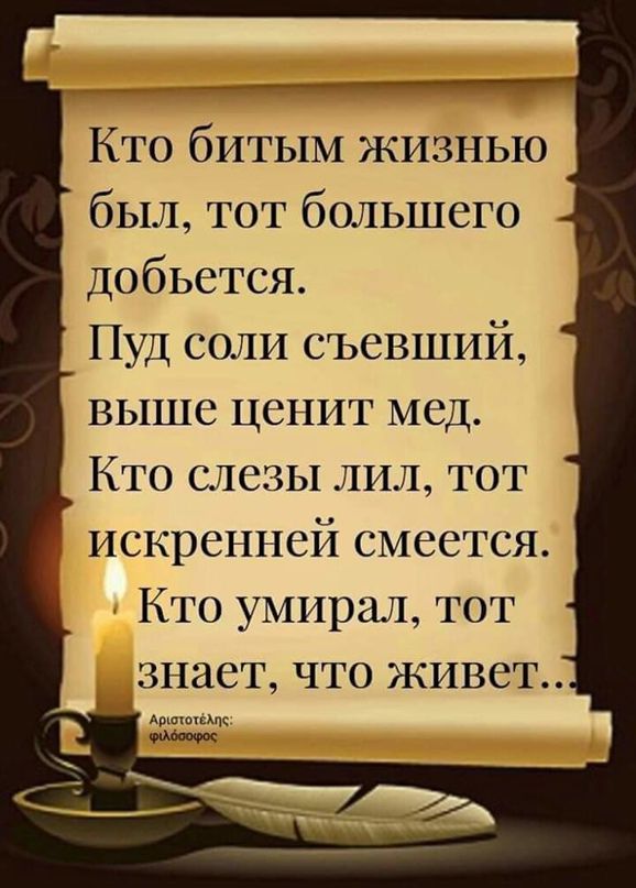 Кто битым жизнью был тот бсшьшсго Добьется Нуд соли съевший вышс ценит мед Кто слезы лил тот искренней смеется Кто умирал тот знает что живет