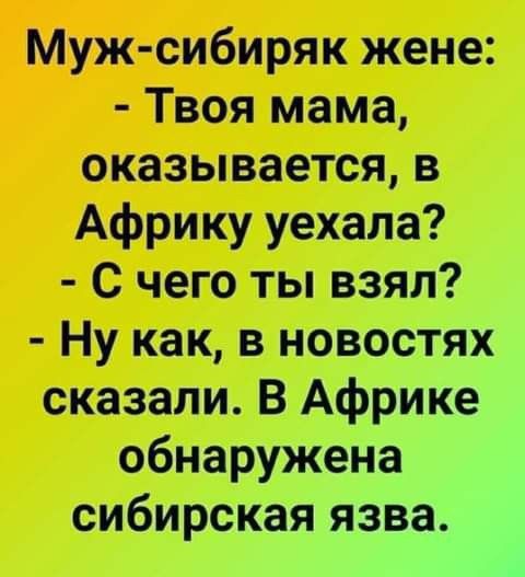 Муж сибиряк жене Твоя мама оказывается в Африку уехала С чего ты взял Ну как в новостях сказали В Африке обнаружена сибирская язва