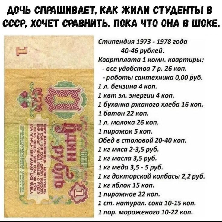 дочь СПРАШИВАЕТ КАК ЖИАИ СТУДЕНТЫ СССР ХОЧЕТ СМЕНИТЬ А ЧТО ВИА В ШОК стипендия 1973 ша мда р 4046 уш Квлртплптп кими кнлртирч ш удобств п 15 коп работы иитехники аю руд л бивака 4 кат 1 и эл эиергии 4 или 1 Бутики липкого хлеба 15 кпп Ептаи 12 км 1 млш 15 им пирожок 5 коп Обед в шалаши года кап кг млм 2 35 пуб из миша 35 руб 1 и меда 35 Еруб 1 к доки проти за 22руб кг яблок 15 кап пирожное и к 1 т