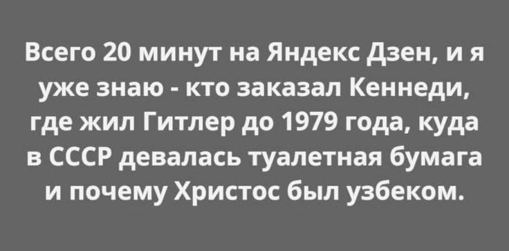 Всего 20 минут на Яндекс дзен и я уже знаю кто заказал Кеннеди где жил Гитлер до 1979 года куда в СССР давалась туалетная бумага и почему Христос был узбеком