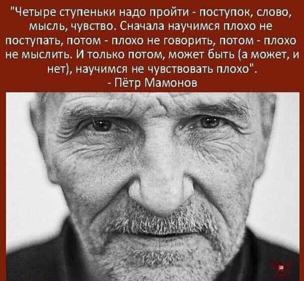 Четыре ступеньки надо пройти поступок слово мысль чувство Сначала научимся плохо не поступать потом плохо не говорити потом плохо не мыслить И только потом может быть а может и нет научимся не чувствовать плохо Пётр Мамонов