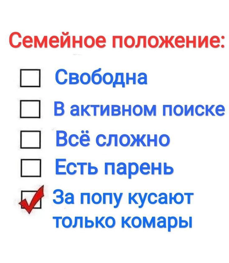 Семейное положение Свободна В активном поиске Всё сложно Есть парень и За попу кусают только комары