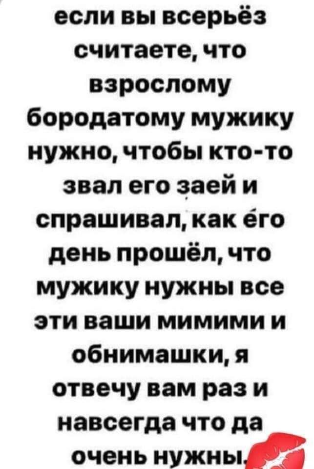 если вы всерьёз считаете что взрослому бородатому мужику нужно чтобы кто то звал его заей и спрашивал как его день прошёл что мужику нужны все эти вещи мимими и обнимашки я отвечу вам раз и навсегда что да очень нужный