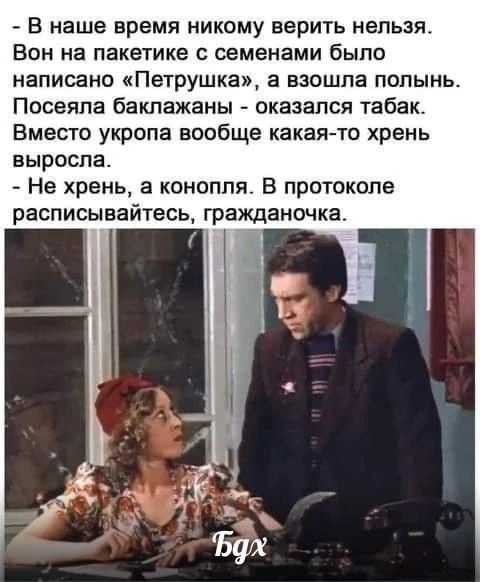 В наше время никому верить нельзя Вон на пакетике с семенами было написано Петрушка а взошла полынь Посеяла баклажаны оказался табак Вместо укропа вообще какаято хрень выросла Не хрень а конопля В протоколе расписывайтесь граждансчка