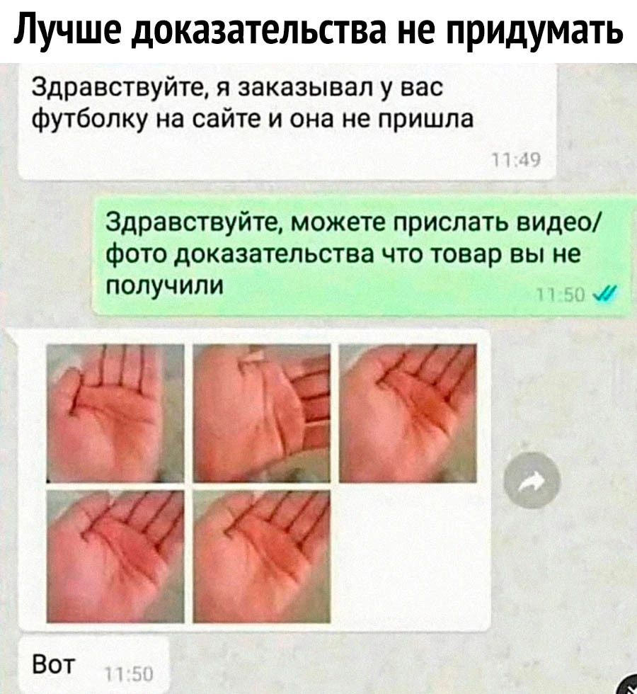 Лучше доказательства не придумать Здравствуйте я заказывал у вас футболку на сайте и она не пришла Здравствуйте можете прислать видео Фото доказательства что товар вы не получили Бот