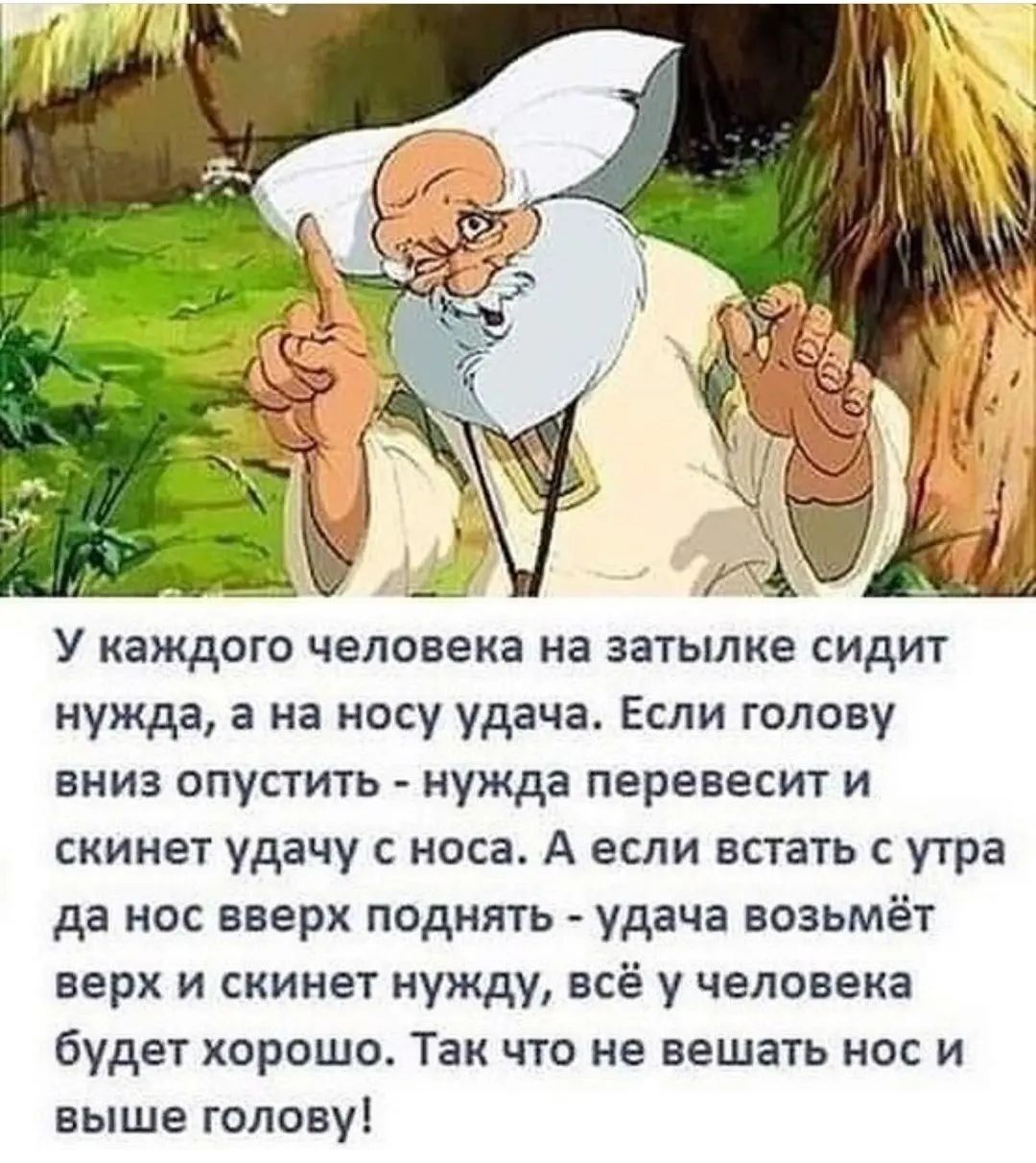 У ками дого человека на затылке сидит нужда в на носу удача Если голову вниз опустить нужда пвревесит и скинет удачу с носа А если встать с утра да нос вверх поднять удача возьмёт верх и скинет нужду всё у человека будет хорошо Так что не вешать нос и выше головуі