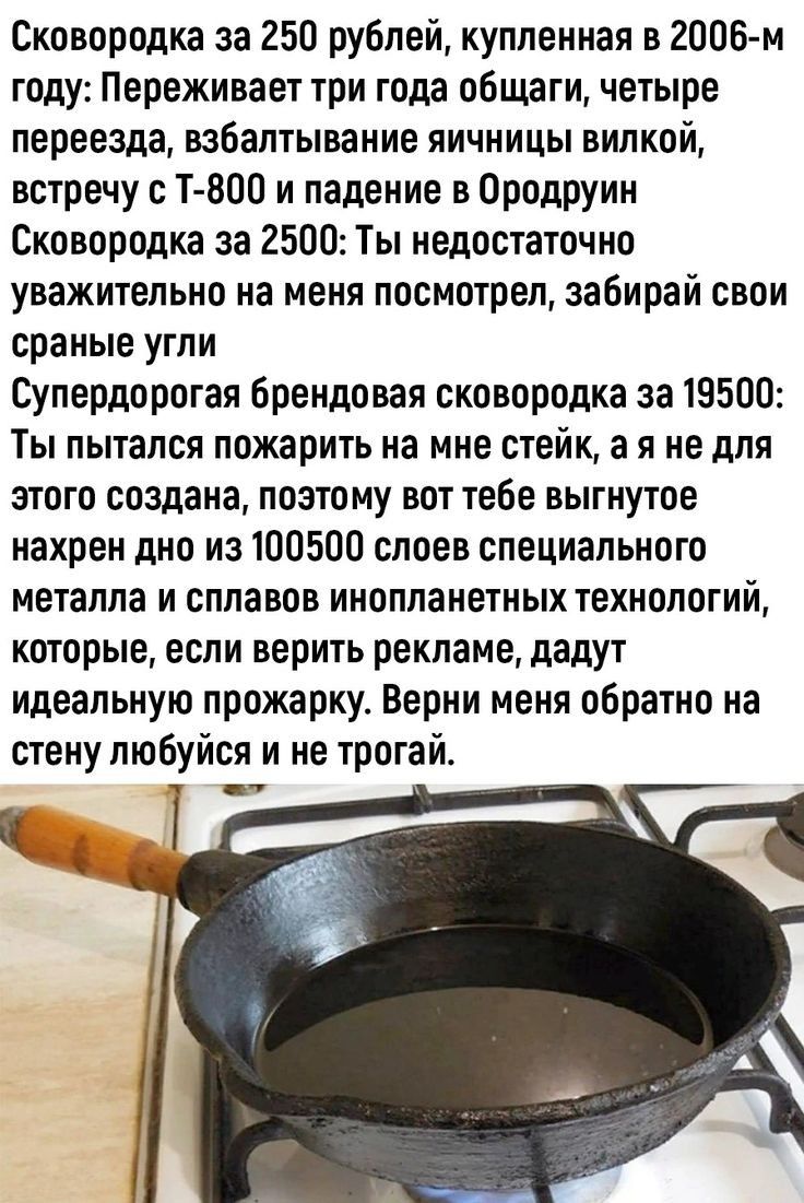 Сковородка за 250 рублей купленная в 2006 м году Переживает три года общаги четыре переезда взбалтывание яичницы вилкой встречу Т 800 и падение в Ородруин Сковородка за 2500 Ты недостаточно уважительно на меня посмотрел забирай свои сраные угли Супердоротая Брендовая сковородка за 19500 ты ПЫТЗПСП пожарить на мне СТЕЙК а я не для этого создана позтому вот тебе выгнутое нахрен дно из 100500 слоев с