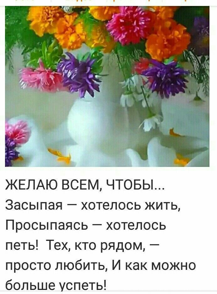 ЖЕЛАЮ ВСЕМ ЧТОБЫ Засыпая хотелось жить Просыпаясь хотелось петь Тех кто рядом просто любить И как можно больше успеть
