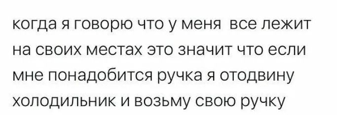 когда я говорю что у меня все лежит на своих местах это значит что если мне понадобится ручка я отодвину холодильник и возьму свою ручку