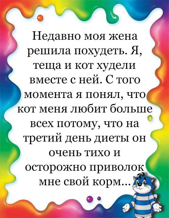 Недавно моя жена Я решила похудеть Я теща и кот худели вместе с ней С того момента я понял чтот кот меня любит больше всех потому что на третий день диеты он очень тихо и осторожно приволок мне свой корм О 7