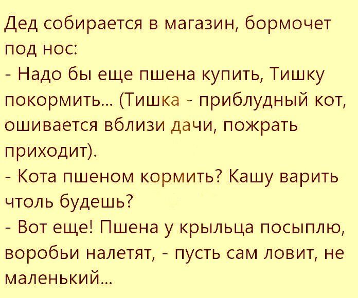 дед собирается в магазин бормочет под нос Надо бы еще пшена купить Тишку покормить Тишка приблудный кот ошивается вблизи дачи пожрать приходит Кота пшеном кормить Кашу варить чтоль будешь Вот еще Пшена у крыльца посыплю воробьи налетят пусть сам ловит не маленький