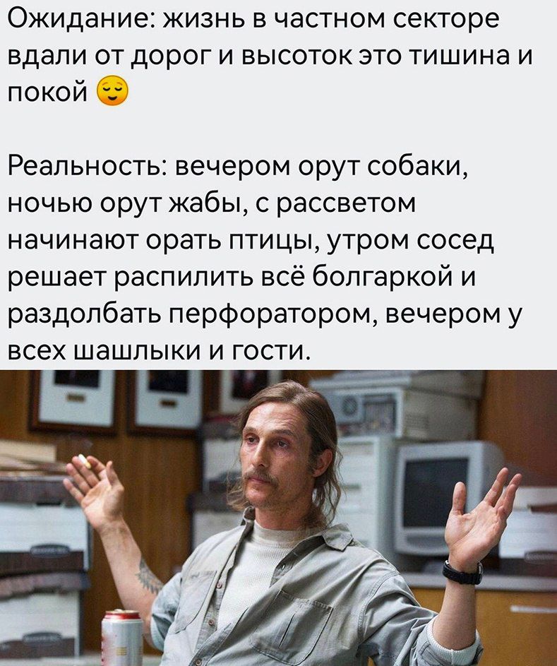 Ожидание ЖИЗНЬ В ЧаСТНОМ Секторе Вдали ОТ дОрОГ И БЫСОТОК ЭТО ТИШИНа И покой Реальность вечером орут собаки НОЧЬЮ орут жабы С рассветом начинают орать пти цы утром сосед решает распилить всё болгаркой и раздолбать перфоратором вечером у всех шашлыки И ГОСТИ