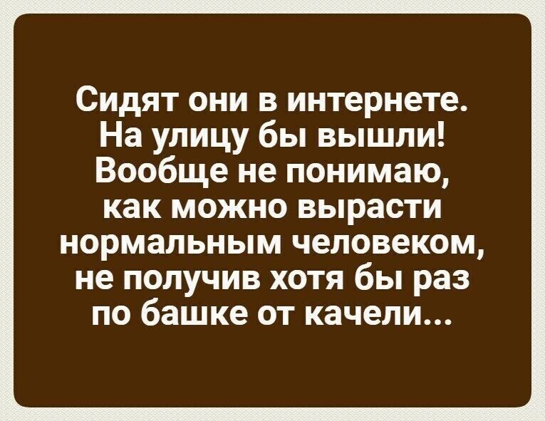 Сидят они в интернете На улицу бы вышли Вообще не понимаю как можно вырасти нормальным ЧЕЛОВЕКОМ не ПОЛУЧИВ ХОТЯ бы раз ПО башке ОТ качели