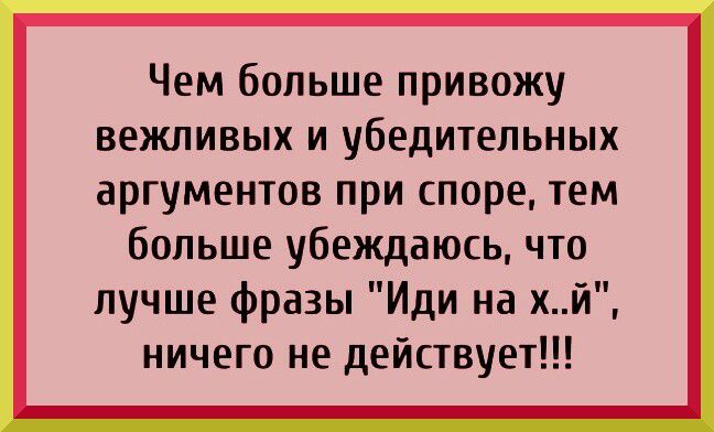 Чем больше привожу вежливых и убедительных аргументов при споре тем больше убеждаюсь что лучше фразы Иди на хй ничего не действует