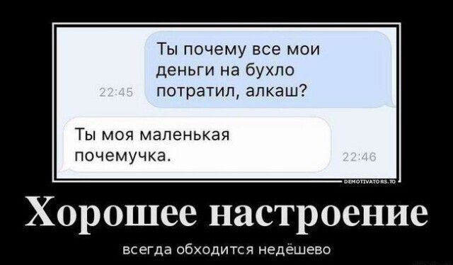 Ты почему все мои деньги а Бухпо потратп алкаш Ты моя маленькая Почемучка Хорошее настроение всегда обхпдится недешево