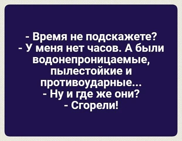 Время не подскажете У меня нет часов А быпи водонепроницаемые пылестойкие и противоударные Ну и где же они Сгорели