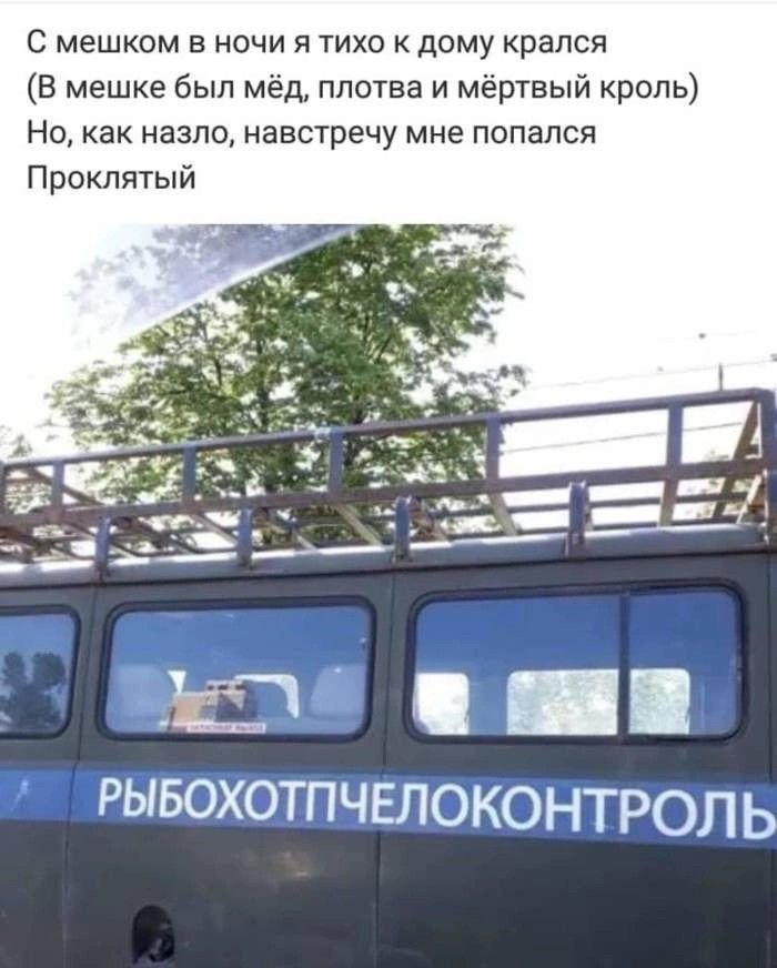 С мешком в ночи я тихо дому крался В мешке был мёд плотва и мёртвый кропь НО КНК НЭЗПО навстречу МНЕ ПОПЭЛСЯ Проклятый ЕП рывохотпчвлоконтроль