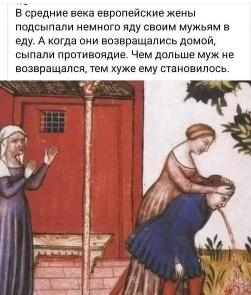 В средние века европейские жены подсыпапи немного яду своим мужьям в еду А когда они возвращались домой сыпапи противоядие Чем дольше муж не возвращался тем хуже ему становилось