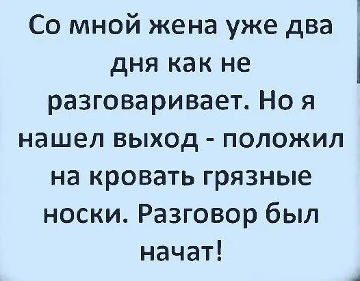 Со мной жена уже два дня как не разговаривает Но я нашел выход положил на кровать грязные носки Разговор был начат