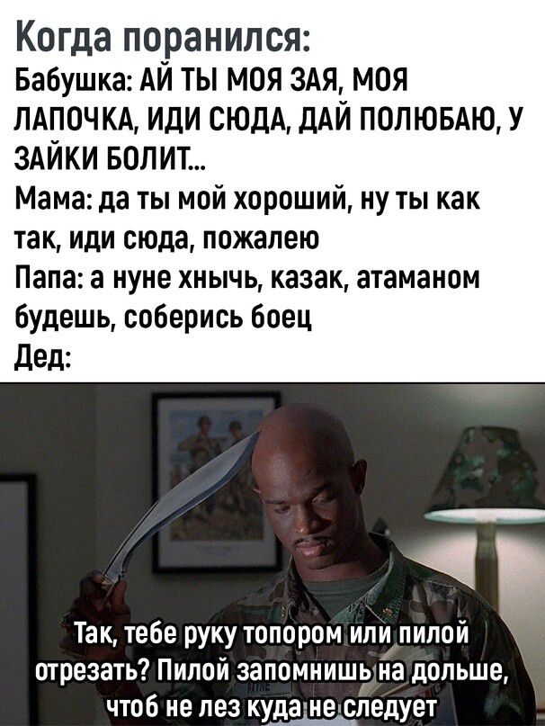 Когда поранился Бабушка АЙ ты моя 3Ая моя пдпочкд иди сюдд ДАЙ полювдю У здйки вопит Мама да ты мой хороший ну ты как так иди сюда пожалею Папа а нуне хнычь казак атаманом будешь соберись боец дед Так тебе руку топором или пилой отрезать Пилой запомнишьна дольше чтоб не лез куда наследует