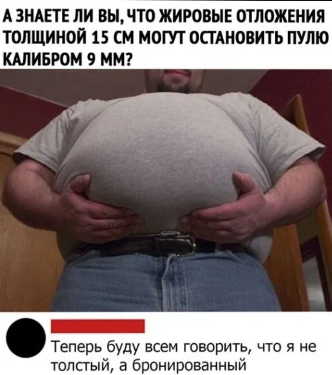А ЗНАЕТЕ ЛИ ВЫЧТ0 ЖИРОВЫЕ ОТЛОЖЕНИЯ ТОЛЩИНОЙ 15 СМ МОГУТ ОСТАНОВИТЬ ПУЛЮ КАЛИБРОМ 9 ММ _ Теперь буду всем говорить что я не толстый а бронированный