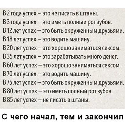 В 2 года успех это не писать в штаны В 3 года успех это иметь полный рот зубов В 12 лет успех это быть окруженным друзьями В 18 петуспех это водить машину В 20 лет успех это хорошо заниматься сексом В 35 лет успех это зарабатывать много денег В 60 петуспех это хорошо заниматься сексом В 70 летуспех это водить машину В 75 лет успех это быть окруженным друзьями В 80 лет успех это иметь полный рот зу