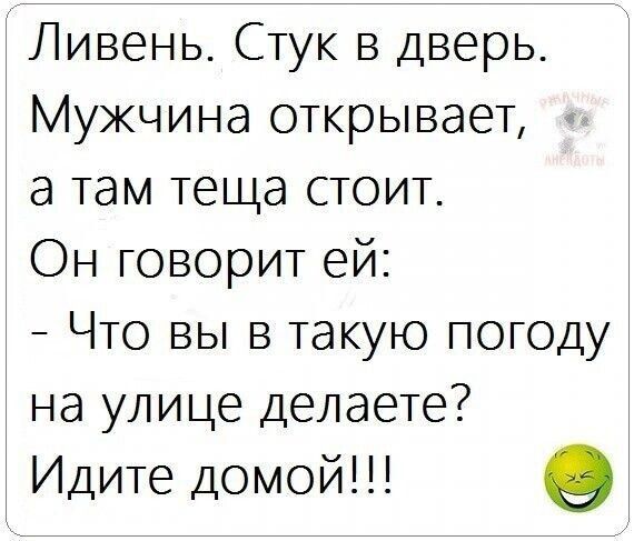 Ливень Стук в дверь Мужчина открывает а там теща стоит Он говорит ей Что вы в такую погоду на улице делаете Идите домой 91