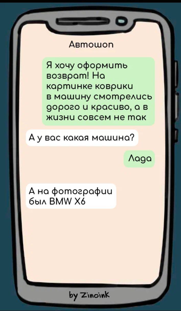 Автошоп Я хочу оформить возврат На картинке коврики в машину смотреись зорого и красиво 0 в жизни совсем не так Ау вос какая мошцно Ас9о А но фотографии бьи ВМ 6