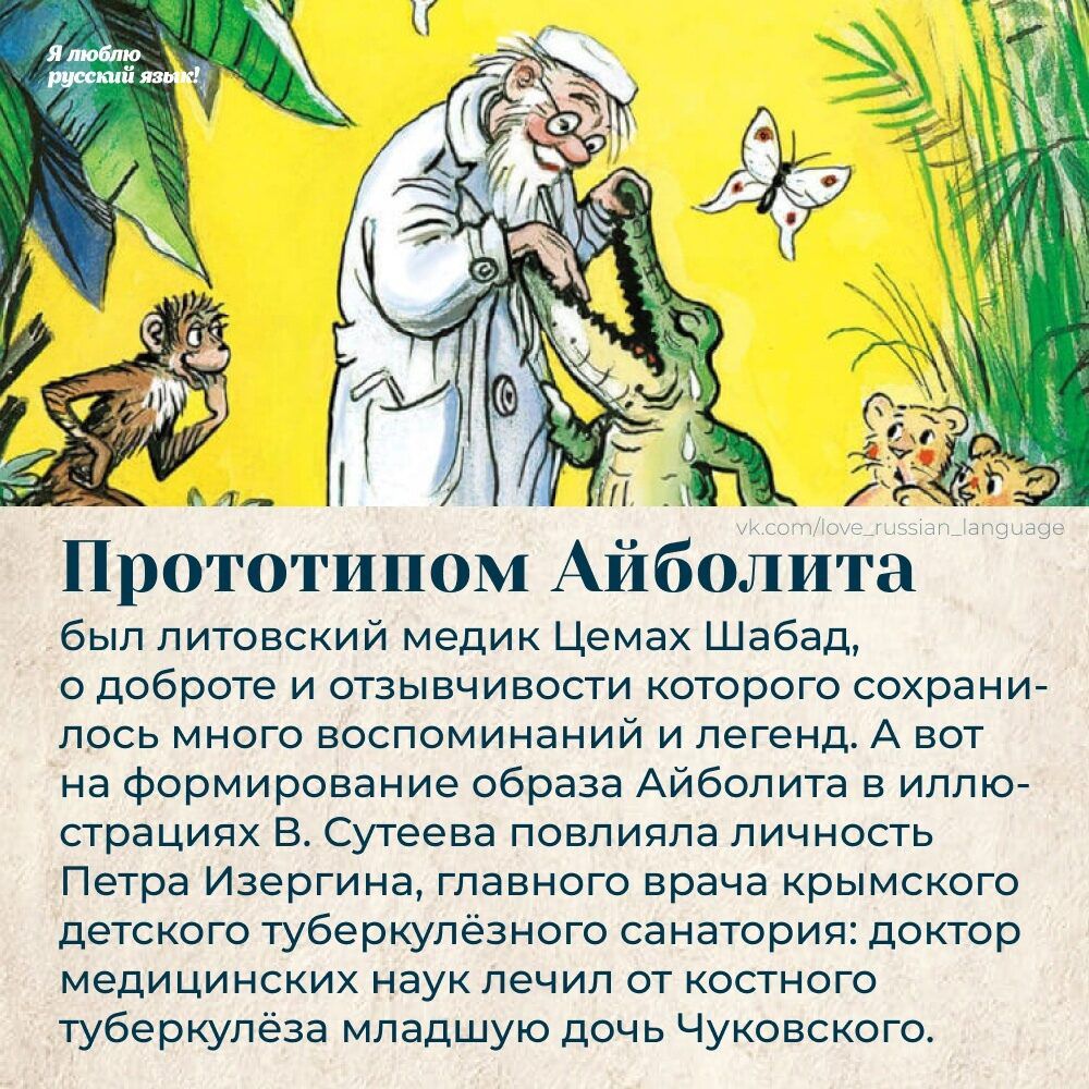 Прототипом Аиболита был литовский медик Цемах Шабад о доброте и отзывчивости которого сохрани лось много воспоминаний и легенд А вот на формирование образа Айболита в иппку страципх В сутеева повлияла личность Петра Изергина гпавиага врача крымского детского туберкулезного санаторий доктор медицинских наук лечил от костного туберкулёза младшую дочь Чуковского