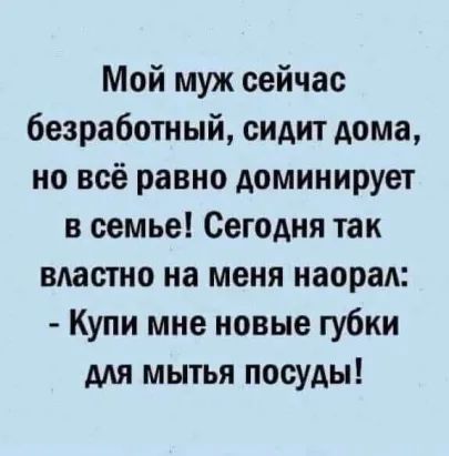 Мой муж сейчас безработный сидит дома но всё равно доминирует в семье Сегодня так властно на меня наораА Купи мне новые губки для мытья посуды