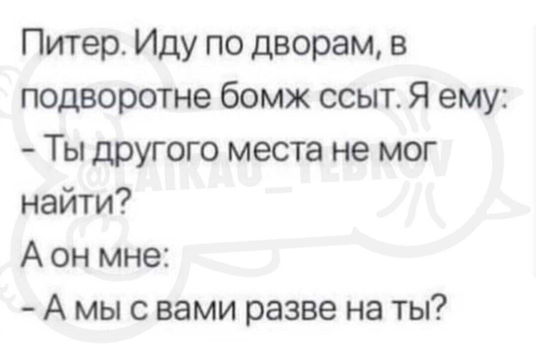 Питер Иду по дворам в подворотне бомж ссыт Я ему Ты другого места не мог найти А он мне А мы с вами разве на ты