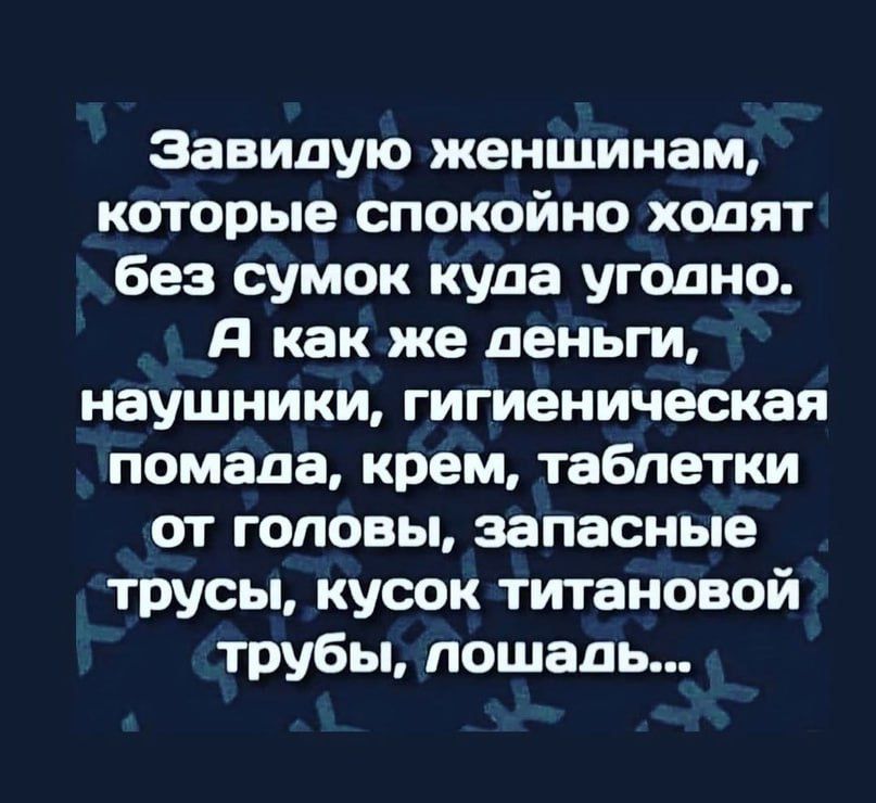 Завидую женщинам которые спокойно ходят без сумок куда угодно А как же деньги наушники гигиеническая помада крем таблетки от головы запасные трусы кусок титановой трубы лошадь