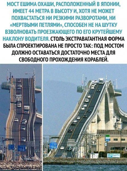 МОСТ ЕШИМА ОХАШИ РАЕПОЛОЖЕННЫЙ В японии ИМЕЕТ 44 МЕТРА В ВЫСОТУ И ХОТЯ НЕ МОЖЕТ ПОХВКТАТЬСЯ РЕЗКИМИ РАЗБОРОТАМИ МЕРТВЫМИ ПЕТЛЯМИ СПОСОБЕН НЕ НА ШУТКУ ВЗНОЛИОВАТЬ ПРОЕЗЖАЮЩЕГО ПО ЕГО КРУТЕИШЕМУ НАКЛШУ ВОДИТЕЛЯ СТОЛЬ ЭКСТРАВАГАНТНАЯ ФОРМА БЫЛА ПРОЕКТИРОВАНА НЕ ПРОСТО ТАК ПОД МОСТОМ дОЛЖНО ОСТАВАТЬСЯ ЛОПАТОЧНО МЕСТА для СВОБОДНОГО ПРОХОЖДЕНИЯ КОРАБЛЕЙ
