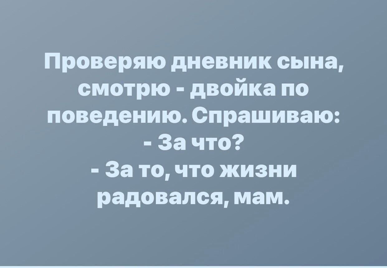 Проверяю дневник сына смотрю двойка по поведению Спрашиваю За что За то что жизни радовался мам
